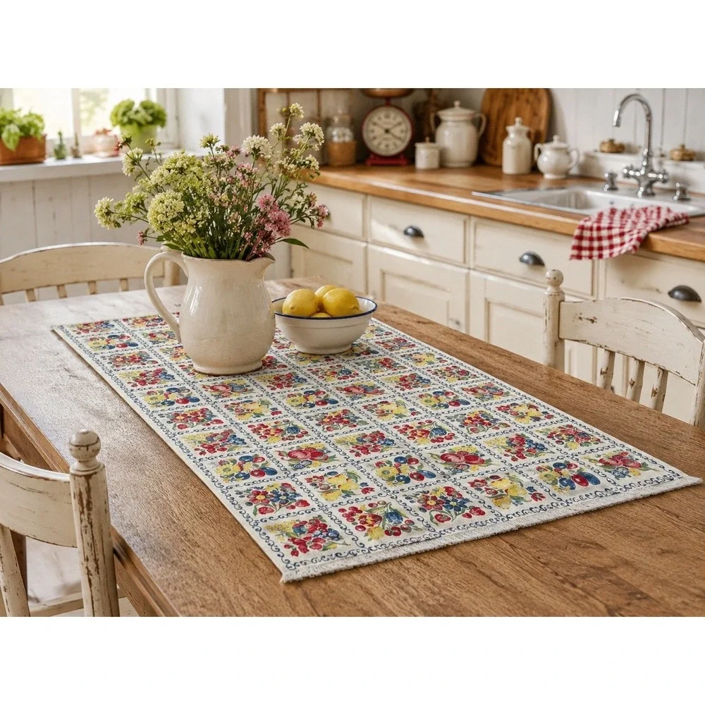 Vintage Fruit Floral Tile Print‎ Fringed Linen Kitchen Towel Table Runner 47x29